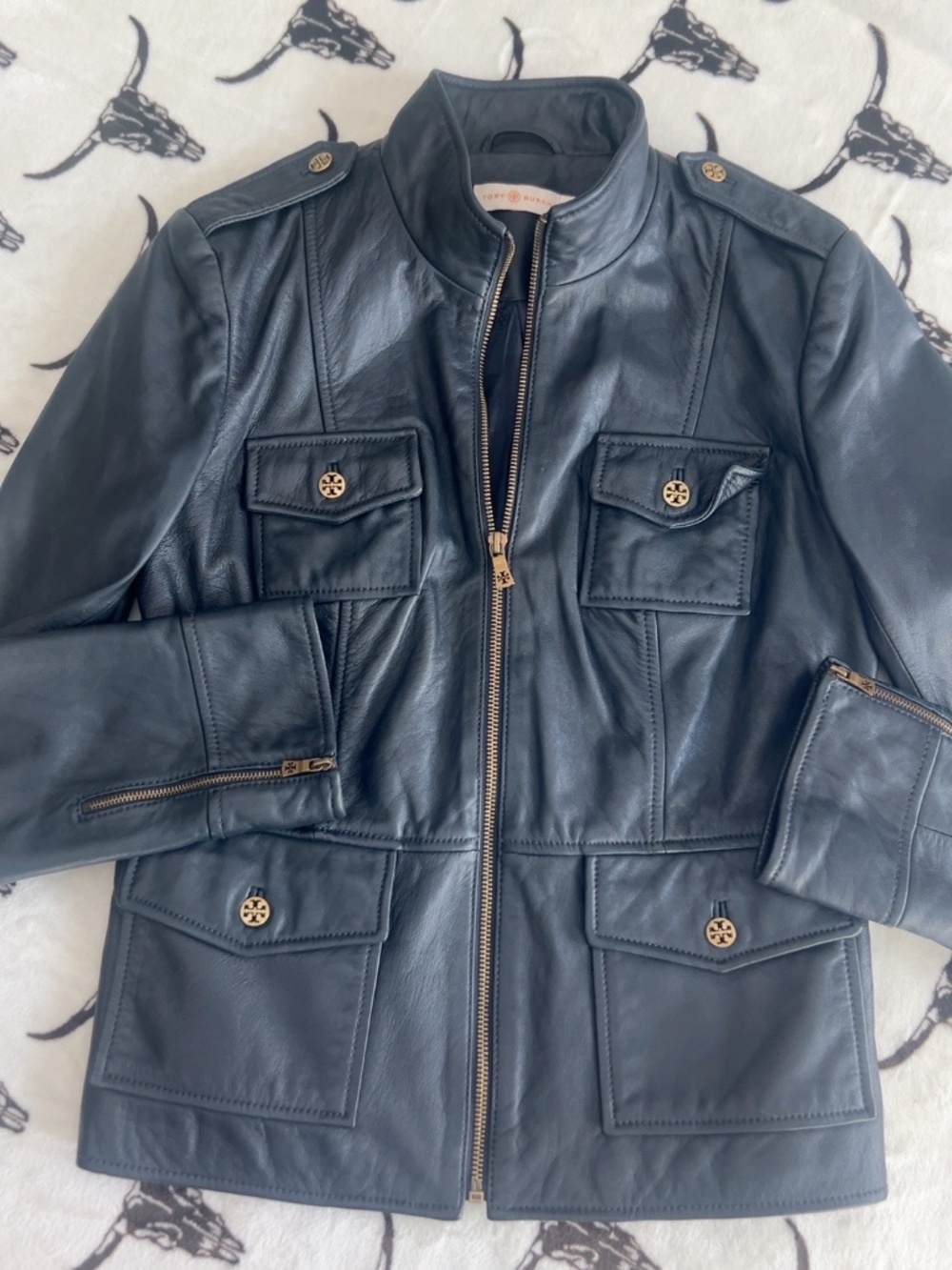 Tory Burch Navy Blue Genuine Leather Military Utility Jacket Size 8